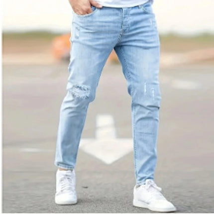 Kakan - European and American High-quality Men's Small Leg Elastic Hole Long Jeans, Street Tight New Jeans