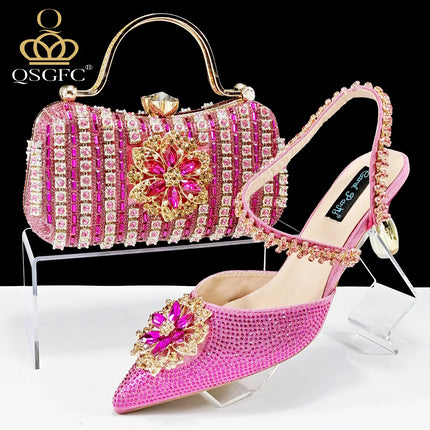 African Special Banquet Elegant Style Silver Color Party Wedding Pointed Toe  Heel Women Shoes and Bag Set With Rhinestone