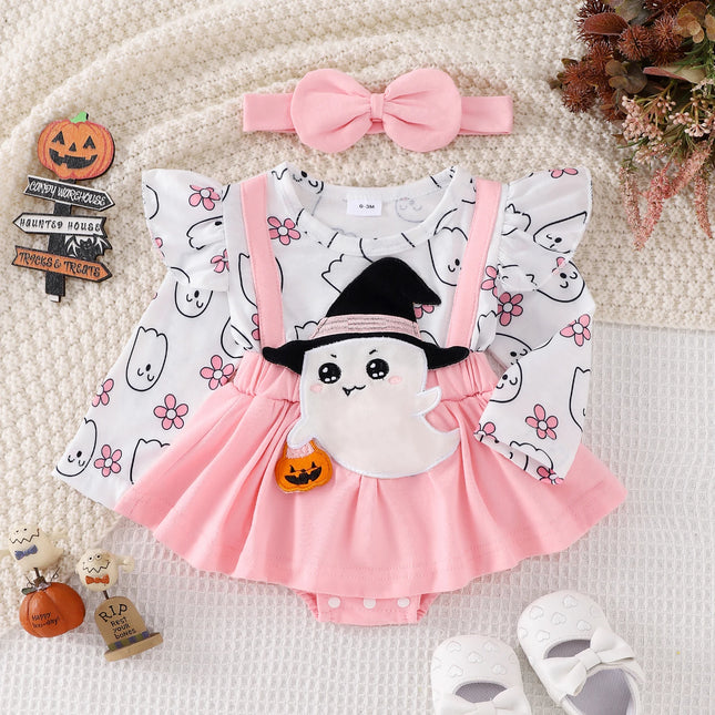Baby Girl Festival Clothes Outfit Ruffle Trim Patch Long Sleeve Romper Dress with Bow Headband 2 Piece Set for Toddlers