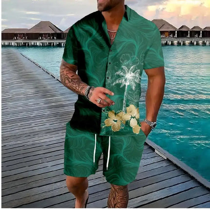 Hawaiian Vacation men's Fashion set, 3D flip-top Printed short-sleeved shirt, Casual Beach Capre Set
