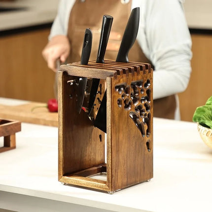 Solid Wood Knife Rack Kitchen Accessories Knife Organizer Wooden Ventilated Drainage Carved Skeleton Mortise and Tenon Design
