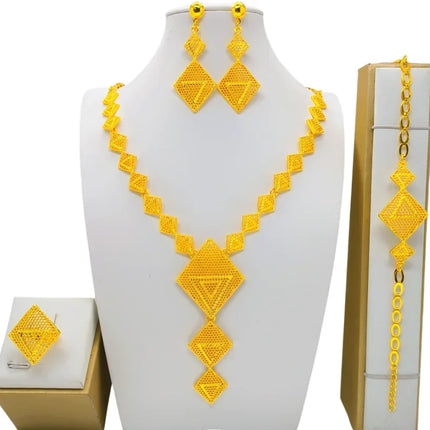 France Ethiopian Gold Color Jewelry Set For Women Dubai Necklace Bracelet Earrings Ring Set African Wedding Choker Wholesale