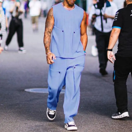 INCERUN Men Sets Solid Color Streetwear O-neck Sleeveless Tank Tops & Pants 2PCS Summer Loose Fashion Men's Casual Suits S-2XL