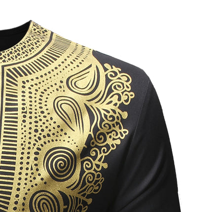 African Men's Shirt Pants Set Metallic Print Tops Long Sleeves Clothing V Neck Matching Traditional Suit With Trouser For Men