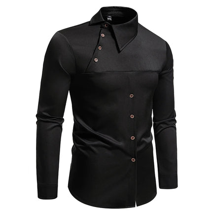 Fashion Man Stand Collar Shirt  Personality Oblique Button Irregular Long Sleeve Business Festival Hombre Mens Dress Shirts