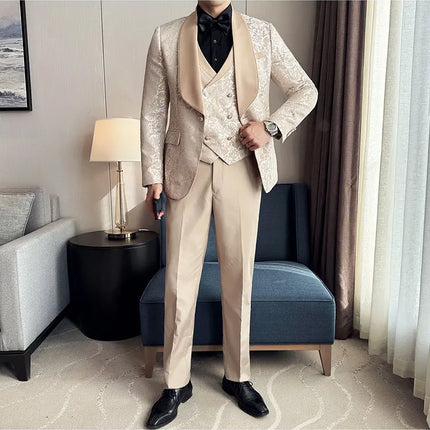 New (Blazer+vest+pants) for Men. Fashion. Casual. British Style. Singer Performance. High Density Jacquard Wedding Dress. Suit