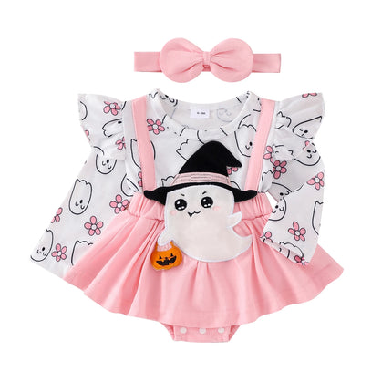 Baby Girl Festival Clothes Outfit Ruffle Trim Patch Long Sleeve Romper Dress with Bow Headband 2 Piece Set for Toddlers