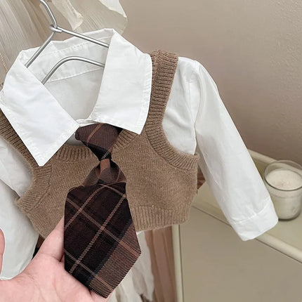 Childrens Clothing Set 2025 Autumn New Item Childrens Shirt Knitted Vest Short Skirt Three Piece Set Toddler Girl Clothes