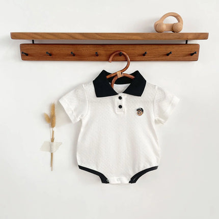 Summer Baby White Striped Bodysuits for Newborns Boys Girls Romper Onesie Cotton Short Sleeve Turn Down Collar Infant Jumpsuit