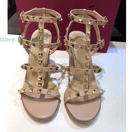Rivets T-Strap Summer Heels Sandals Women's Luxury Trendy Chunky Heels Sandals Studded Slingback Casual Summer White Party Shoes