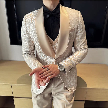 New (Blazer+vest+pants) for Men. Fashion. Casual. British Style. Singer Performance. High Density Jacquard Wedding Dress. Suit