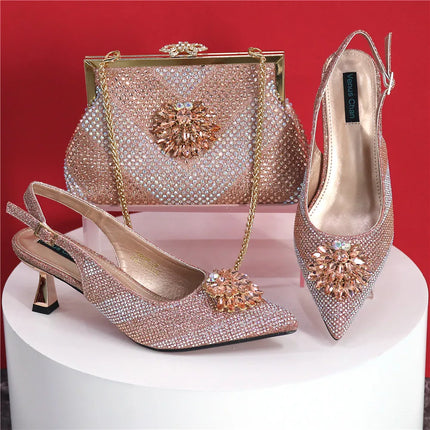 Newest Arrivals Special Design Silver Color African Women Shoes and Bag Set Pointed Toe Pumps for Wedding Party