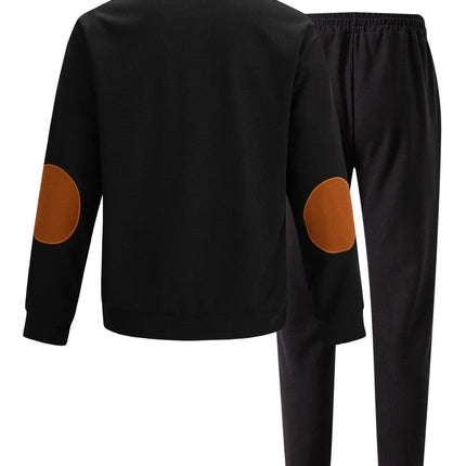 Men's new autumn style American stand-up collar button elbow patch color-block long-sleeve hoodie and pants set