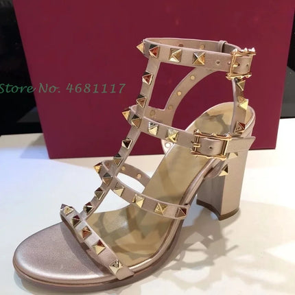Rivets T-Strap Summer Heels Sandals Women's Luxury Trendy Chunky Heels Sandals Studded Slingback Casual Summer White Party Shoes