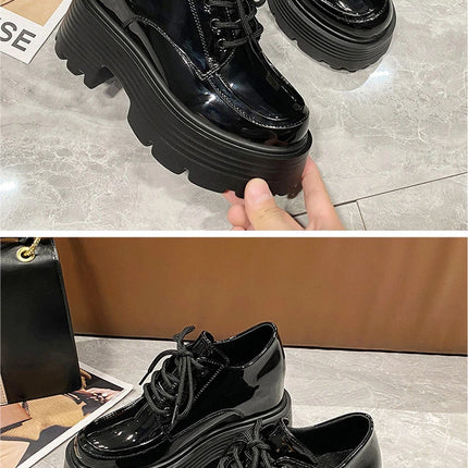 Women Patent Learther Platform Sneakers 10CM Wedge Heels Ladies Autumn Chunky Sneakers Pumps Woman Non Slip Super Thick Shoes