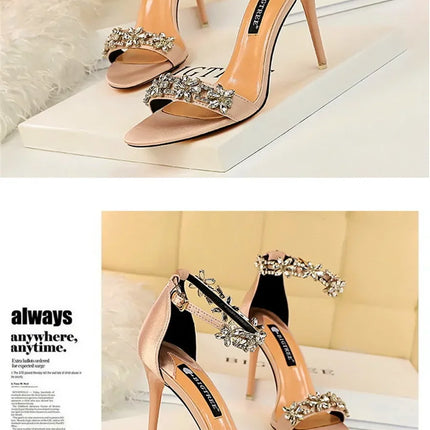 Soft Silk Open Toe Women Sandals 2024 Summer Luxury Crystal Ankle Buckle High Heels Shoes Bride Party Lady Green Red Black Pumps