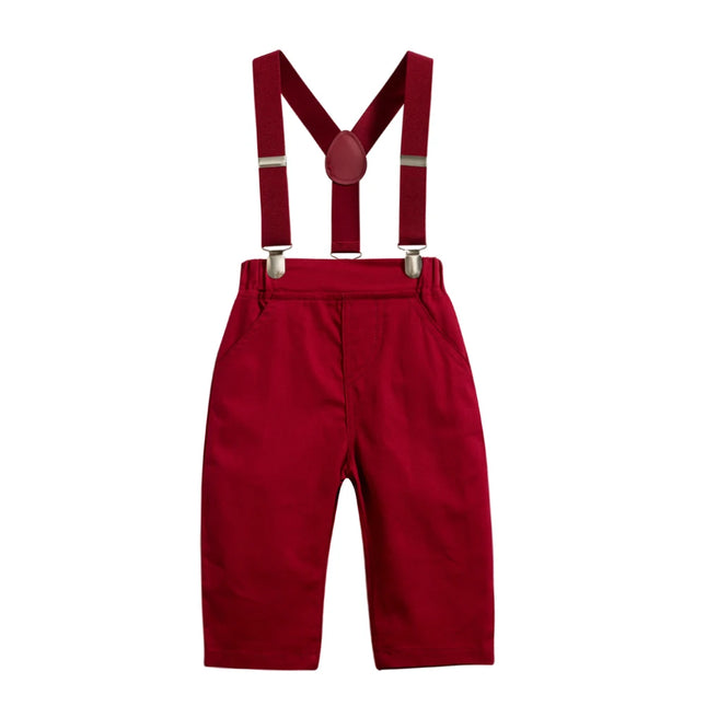 Gentleman Spring Autumn Outfit for Newborn Boy Cotton Baby First Formal Birthday Clothes Solid Pant with Strap Toddler Party Set