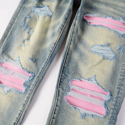 Men Stretch Slim Fit Ripped Jeans with Leather Patchwork