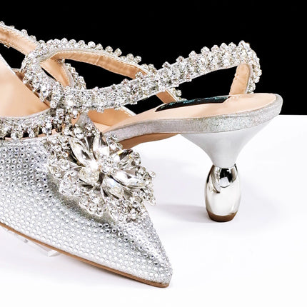 African Special Banquet Elegant Style Silver Color Party Wedding Pointed Toe  Heel Women Shoes and Bag Set With Rhinestone