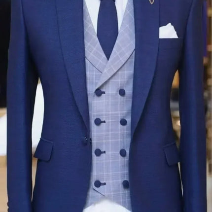 Slim Fit Blue Men Suits Elegant Single Breasted Peak Lapel High Quality Blazer Customized Wedding 3 Piece Jacket Pants Vest Sets