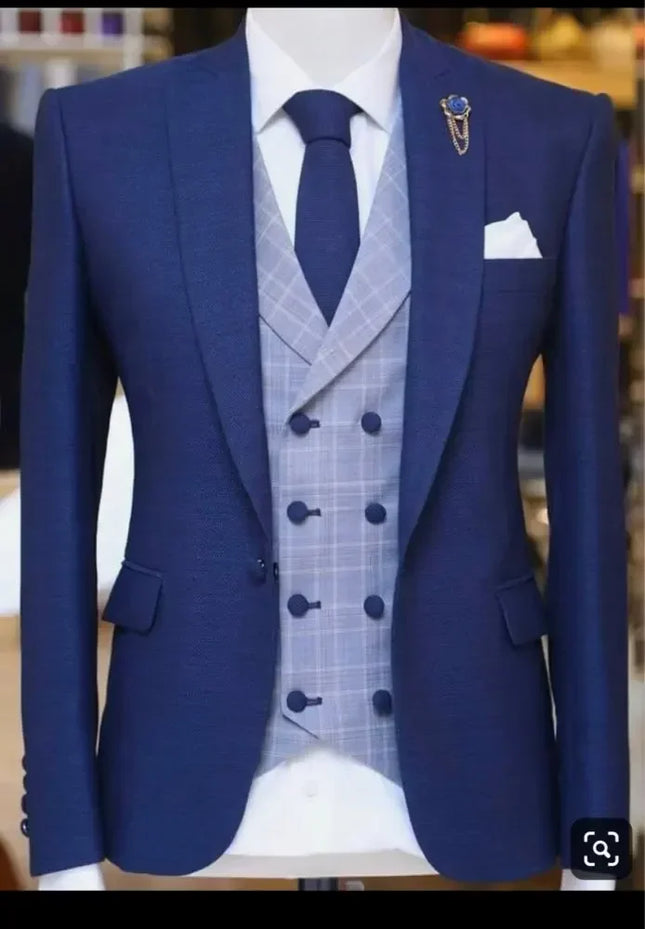 Slim Fit Blue Men Suits Elegant Single Breasted Peak Lapel High Quality Blazer Customized Wedding 3 Piece Jacket Pants Vest Sets