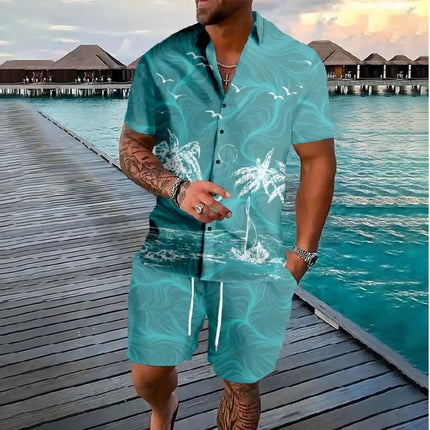 Hawaiian Vacation men's Fashion set, 3D flip-top Printed short-sleeved shirt, Casual Beach Capre Set