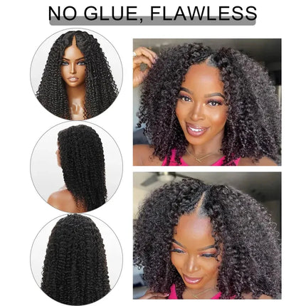 Kinky Curly Hair V Part Wigs No Leave Out Thin Part Human Hair Wigs For Beginners Afro Curly Glueless V Part Wigs Black Wig