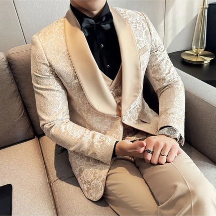 New (Blazer+vest+pants) for Men. Fashion. Casual. British Style. Singer Performance. High Density Jacquard Wedding Dress. Suit