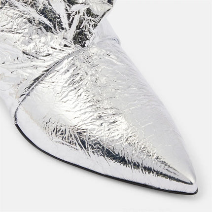 Arden Furtado 2025 Spring leopard print Large tubular boots Pointed toe Slip-on Pleated Middle heel Modern boots Short boots