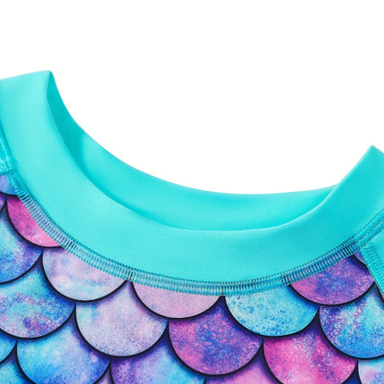 2-Piece Swimsuit Long-Sleeved Swimwear Kids Girl Crew Neck Scale Print Tops & Ruffle Detail Bikini Cut Briefs Swimming Suit 2025