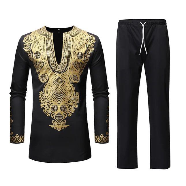 African Men's Shirt Pants Set Metallic Print Tops Long Sleeves Clothing V Neck Matching Traditional Suit With Trouser For Men