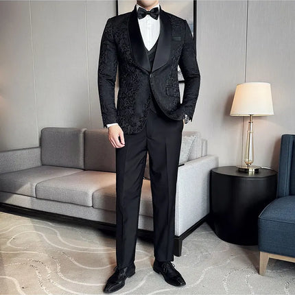New (Blazer+vest+pants) for Men. Fashion. Casual. British Style. Singer Performance. High Density Jacquard Wedding Dress. Suit