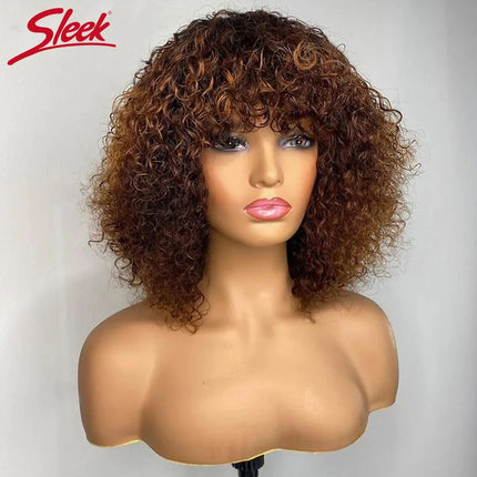 Short Pixie Bob Cut Human Hair Wigs With Bangs Full Machine Jerry Curly Wig Highlight Honey Blonde Water Wave Wigs For Women