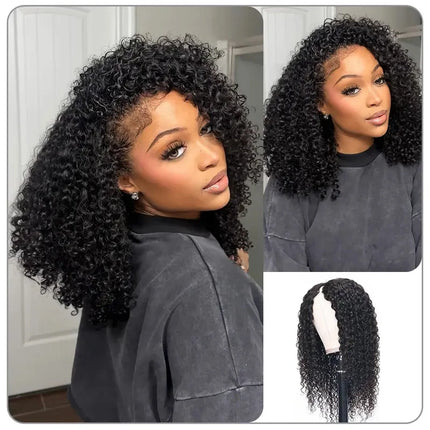 Kinky Curly Hair V Part Wigs No Leave Out Thin Part Human Hair Wigs For Beginners Afro Curly Glueless V Part Wigs Black Wig
