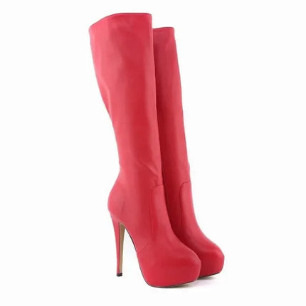 New Large Size Women Boots Autumn Winter Sexy 14cm Super High Heels Long Over Knee Long Boots Leather Round Toe Red Pumps Shoes
