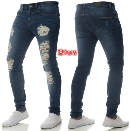 Men Jeans Pencil Pants Denim High Waist Slim Fit Sheath Solid Color Holes Slight Strech 2025 Spring Ankle Length Streetwear