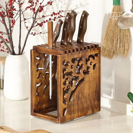 Solid Wood Knife Rack Kitchen Accessories Knife Organizer Wooden Ventilated Drainage Carved Skeleton Mortise and Tenon Design