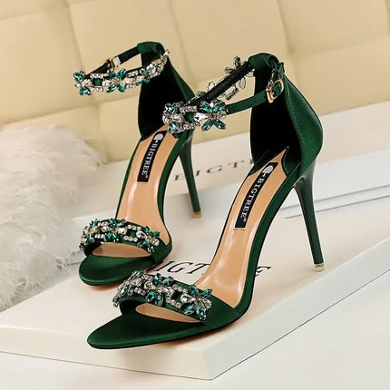 Soft Silk Open Toe Women Sandals 2024 Summer Luxury Crystal Ankle Buckle High Heels Shoes Bride Party Lady Green Red Black Pumps