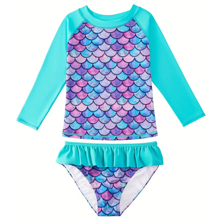 2-Piece Swimsuit Long-Sleeved Swimwear Kids Girl Crew Neck Scale Print Tops & Ruffle Detail Bikini Cut Briefs Swimming Suit 2025