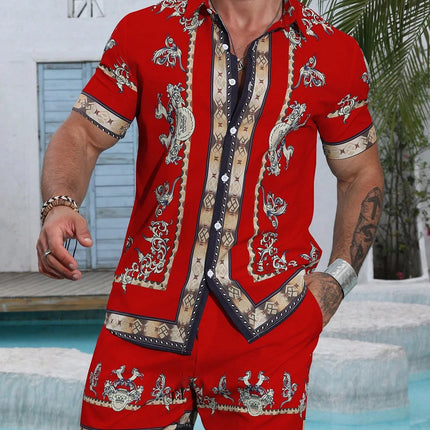 Baroque Luxury Printed Men's Shirt Shorts 2 Piece Set Summer Casual Shirt Hawaiian Beach Short-sleeved Men's Suits Clothing