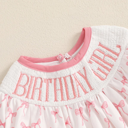 6M-18M Toddler Baby Girl Birthday Outfit Smocked Birthday Girl Embroidery Romper Bow Print Bodysuit Summer Outfit