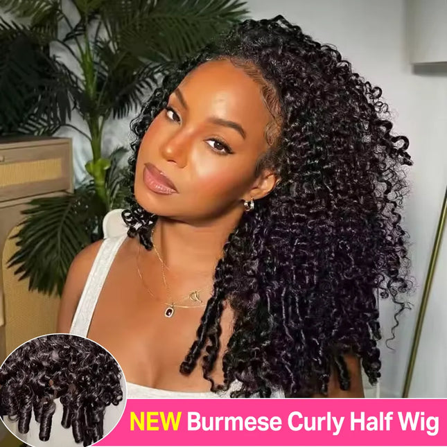 300% Glueless Burmese Curly Half Wig Human Hair Water Wave Headband Wig Upgrade 3 IN 1 Half Wig Ready to Wear Go Wigs on Sale