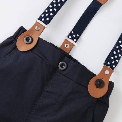 Gentleman Spring Autumn Outfit for Newborn Boy Cotton Baby First Formal Birthday Clothes Solid Pant with Strap Toddler Party Set