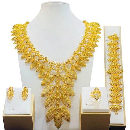 France Ethiopian Gold Color Jewelry Set For Women Dubai Necklace Bracelet Earrings Ring Set African Wedding Choker Wholesale