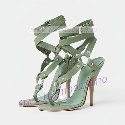 Green Buckle Cross Strap Heeled Sandals Women Open Toe Metal Rivets Flip-flops Ladies Luxury Summer Ankle Strap Stiletto Shoes