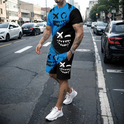 Funny 3D Demon Face Print Men Short Sleeve T-Shirt Shorts Two Piece Sets Hip Hop Trend Harajuku Streetwear Summer Casual Outfit