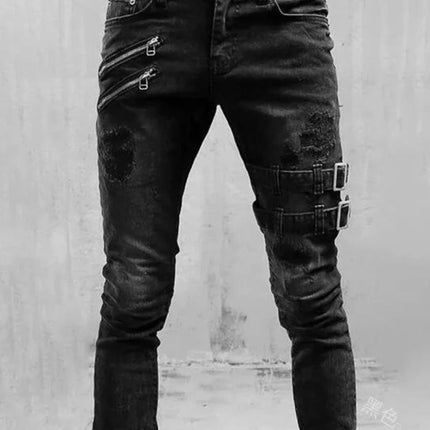 Men Jeans Denim Pencil Pants Mid Waist Moto Biker Washing Pockets Slim Slight Strech Sheath Ankle Length Zipper Fly 2024