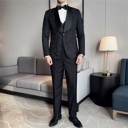 New (Blazer+vest+pants) for Men. Fashion. Casual. British Style. Singer Performance. High Density Jacquard Wedding Dress. Suit