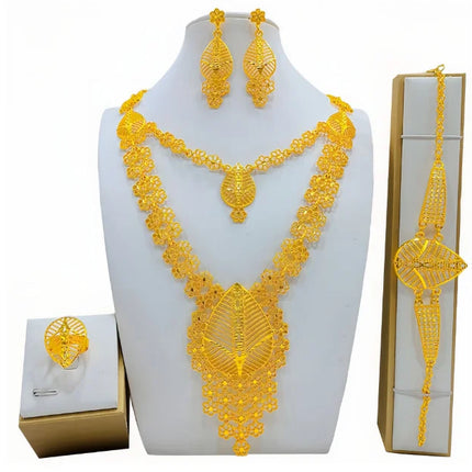 France Ethiopian Gold Color Jewelry Set For Women Dubai Necklace Bracelet Earrings Ring Set African Wedding Choker Wholesale