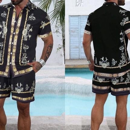 Baroque Luxury Printed Men's Shirt Shorts 2 Piece Set Summer Casual Shirt Hawaiian Beach Short-sleeved Men's Suits Clothing